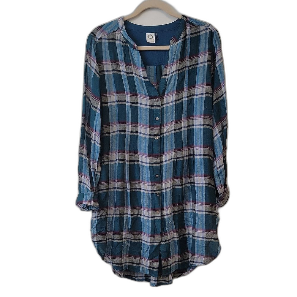 Akemi + Kin Women's M Teal Blue Plaid Button-Down Shirt Bohemian Anthropologie